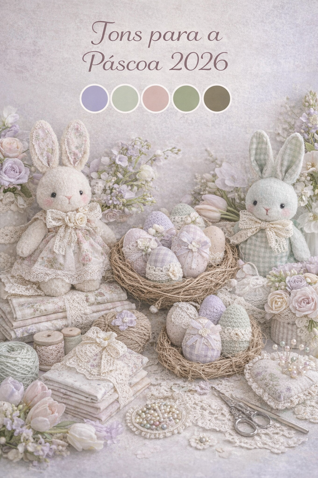 Descubra os tons para a Páscoa 2026 e veja como aplicar essa paleta suave e elegante em artesanato com linhas e tecidos.